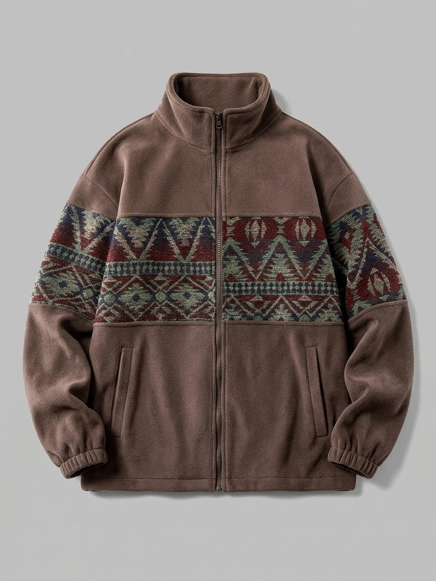 Gattinara Men's Aztec Jacquard Fleece Zip Jacket — coffeebrown — packshot