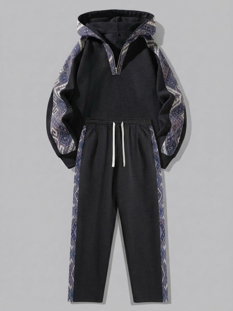 Gavi Men's Ethnic Jacquard Half-Zip Tracksuit Set — black — packshot