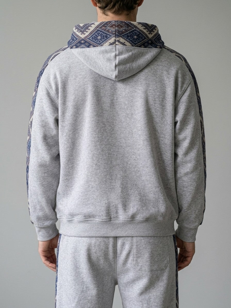 Gavi Men's Ethnic Jacquard Half-Zip Tracksuit Set — lightheathergrey — closeback