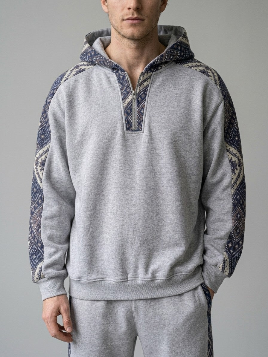 Gavi Men's Ethnic Jacquard Half-Zip Tracksuit Set — lightheathergrey — closefront