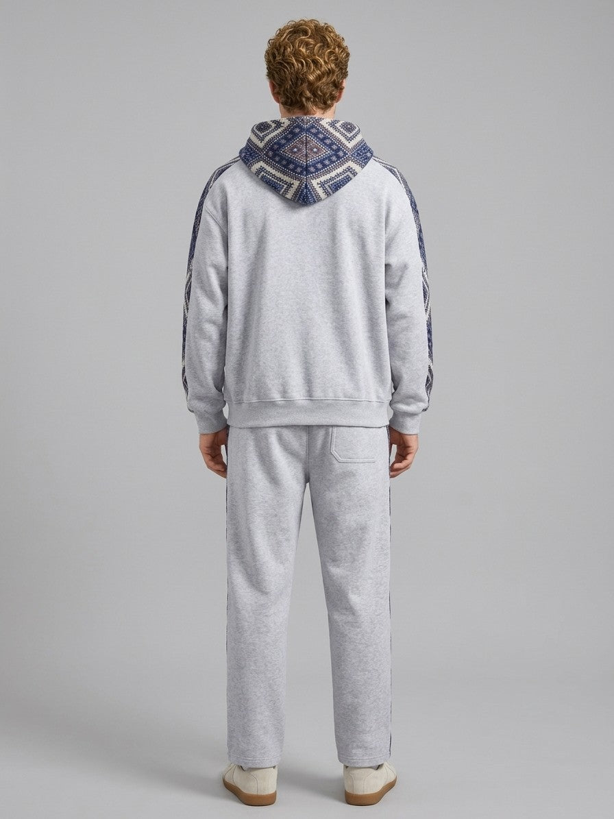 Gavi Men's Ethnic Jacquard Half-Zip Tracksuit Set — lightheathergrey — fullback