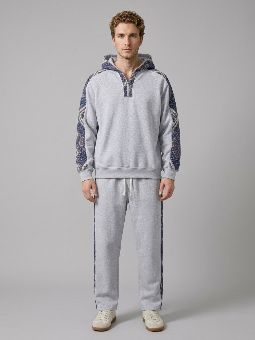 Gavi Men's Ethnic Jacquard Half-Zip Tracksuit Set — lightheathergrey — fullfront