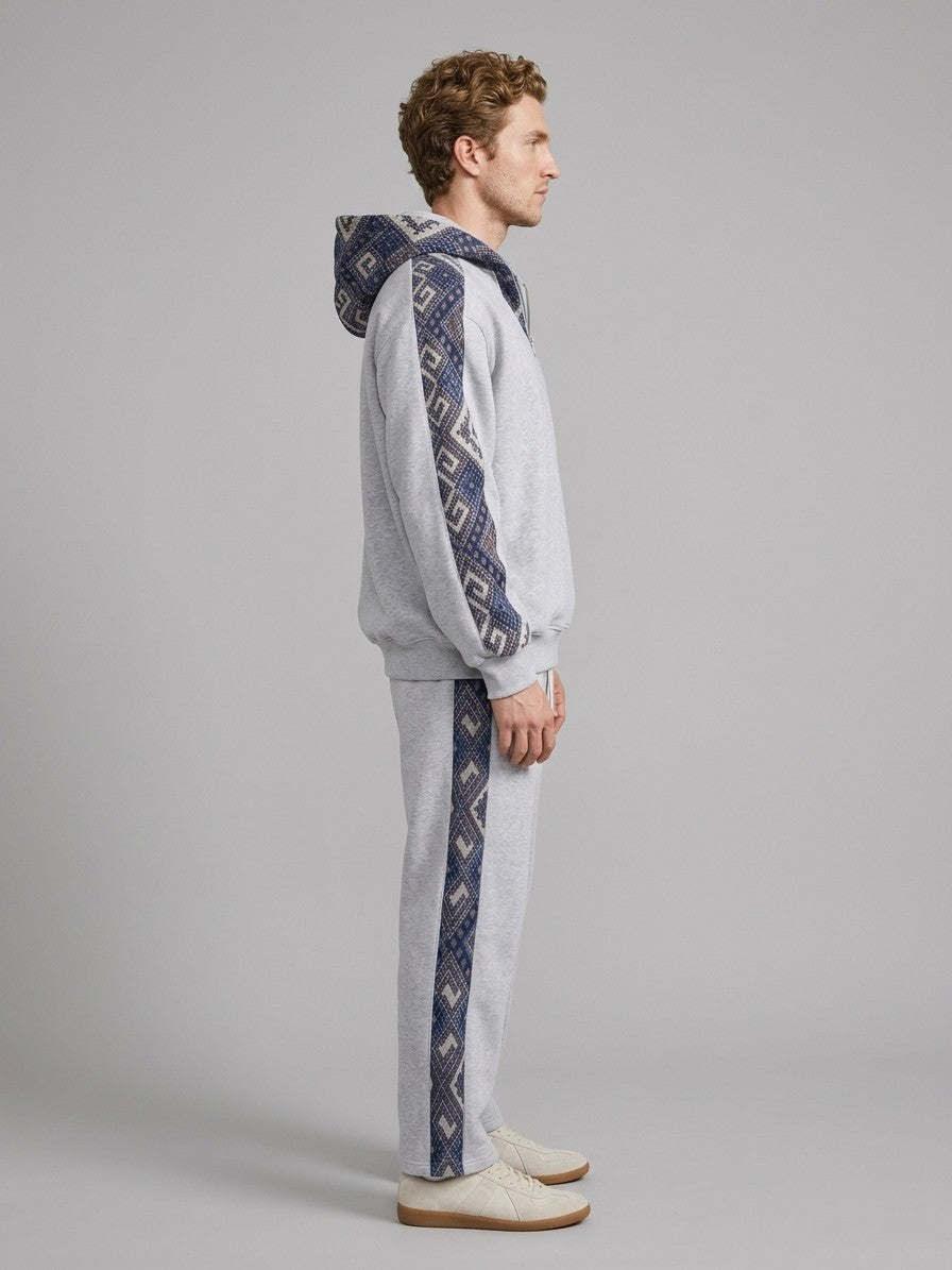 Gavi Men's Ethnic Jacquard Half-Zip Tracksuit Set — lightheathergrey — fullside