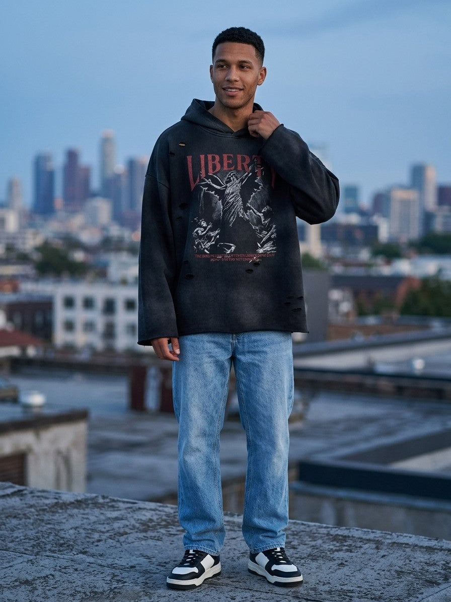 Gavirate Men's Faded Angel Statue Hoodie — black — lifestyle