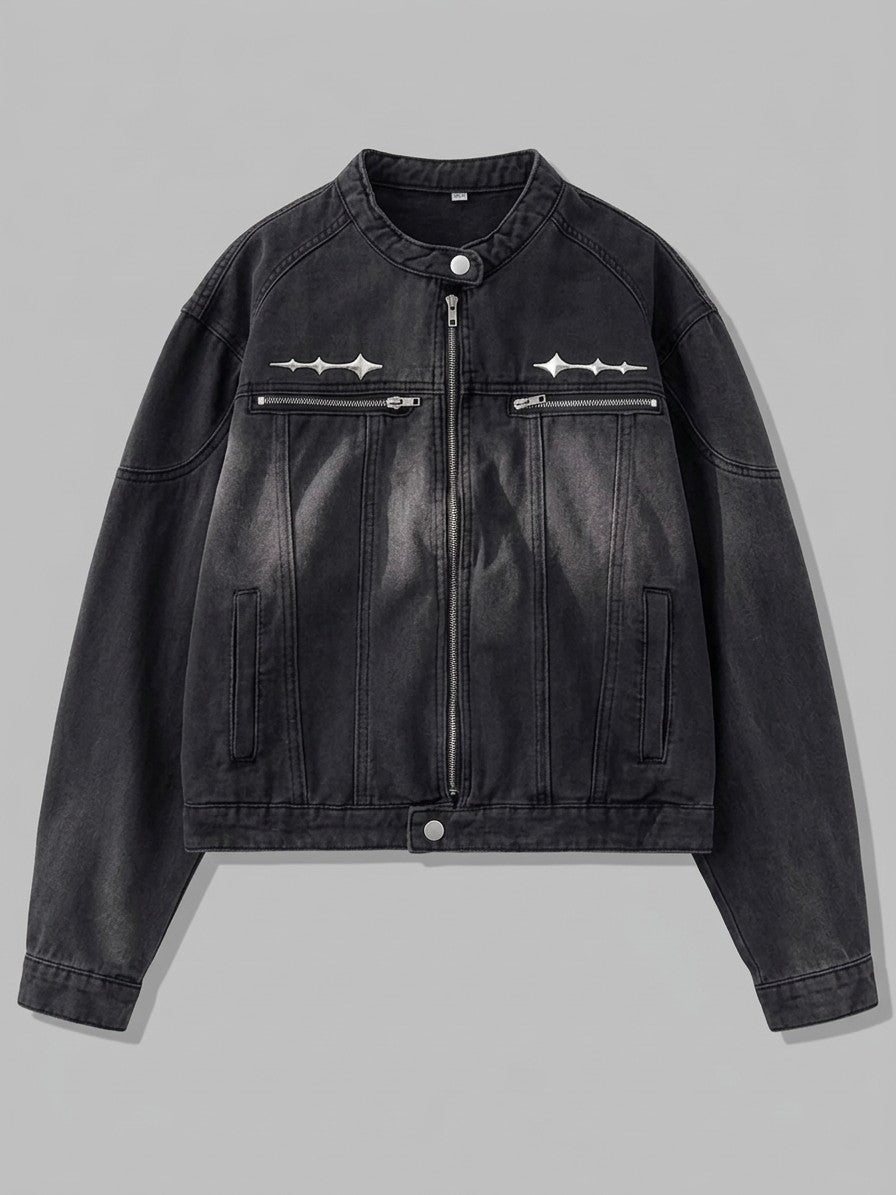 Gela Men's Cropped Zip Racer Denim Jacket — black — packshot