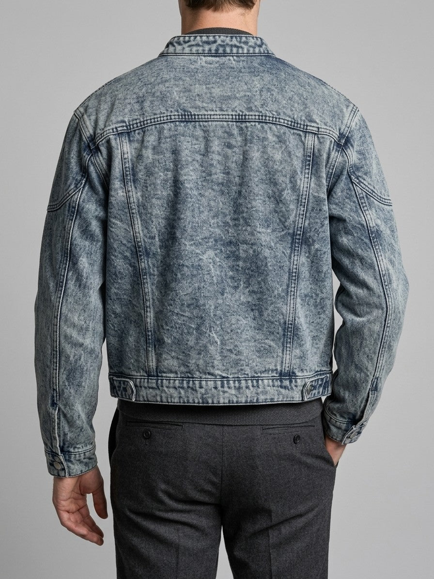 Gela Men's Cropped Zip Racer Denim Jacket — blue — back