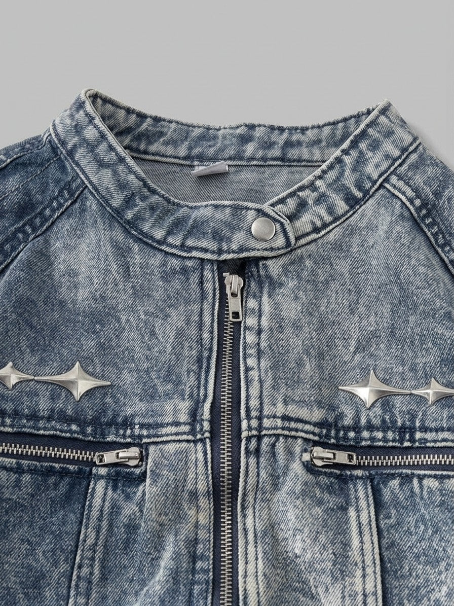Gela Men's Cropped Zip Racer Denim Jacket — blue — detail-2