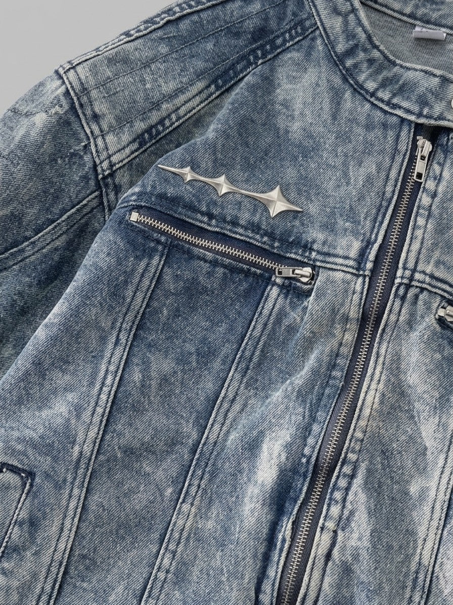 Gela Men's Cropped Zip Racer Denim Jacket — blue — detail