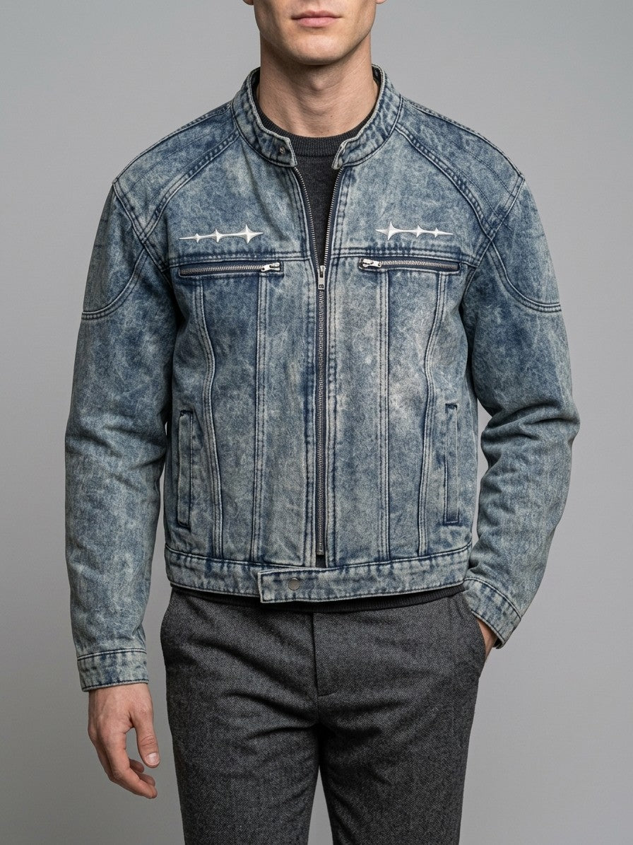 Gela Men's Cropped Zip Racer Denim Jacket — blue — front