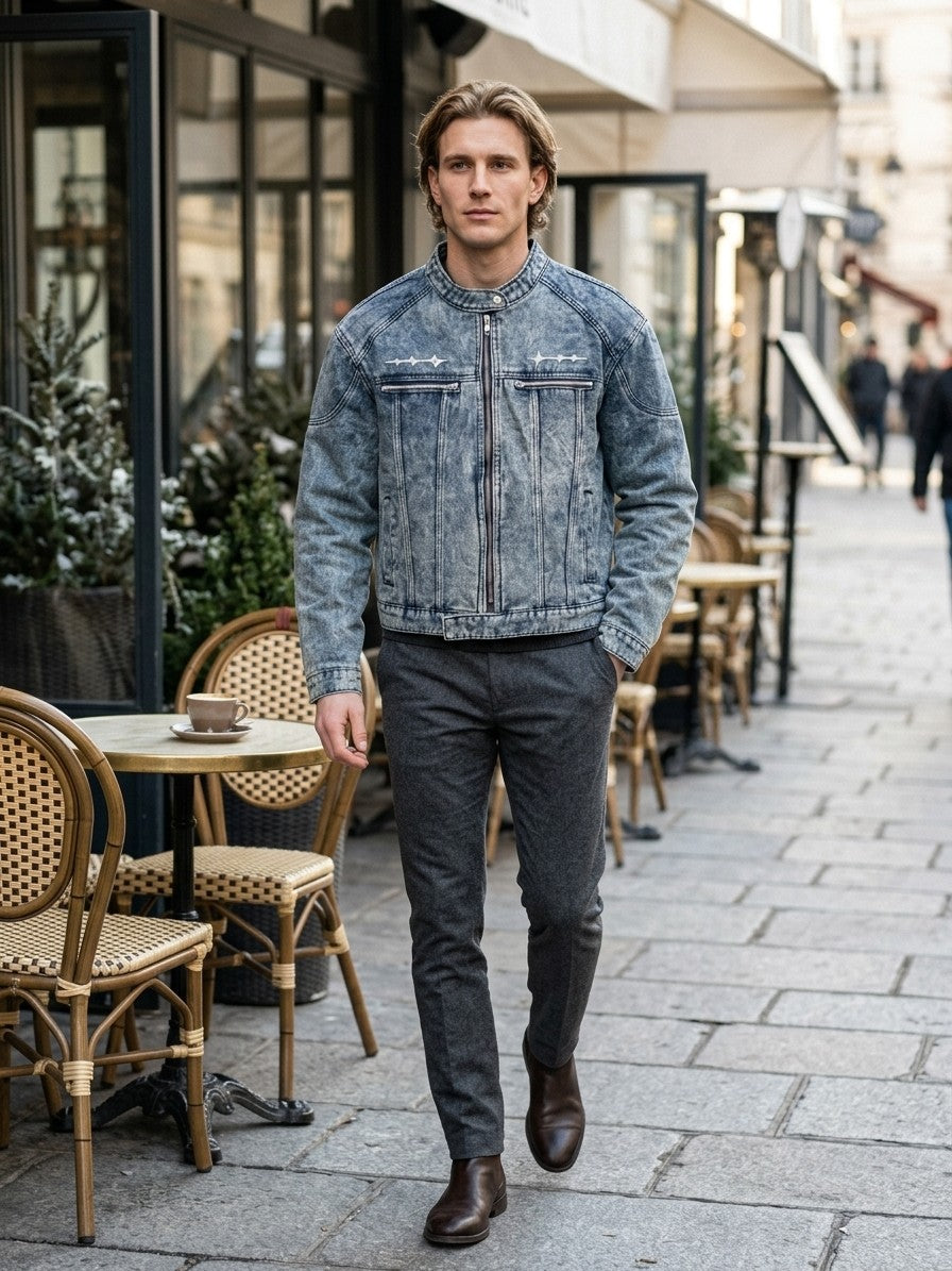 Gela Men's Cropped Zip Racer Denim Jacket — blue — lifestyle