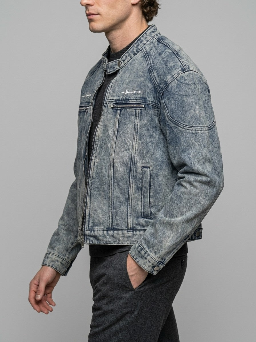 Gela Men's Cropped Zip Racer Denim Jacket — blue — side