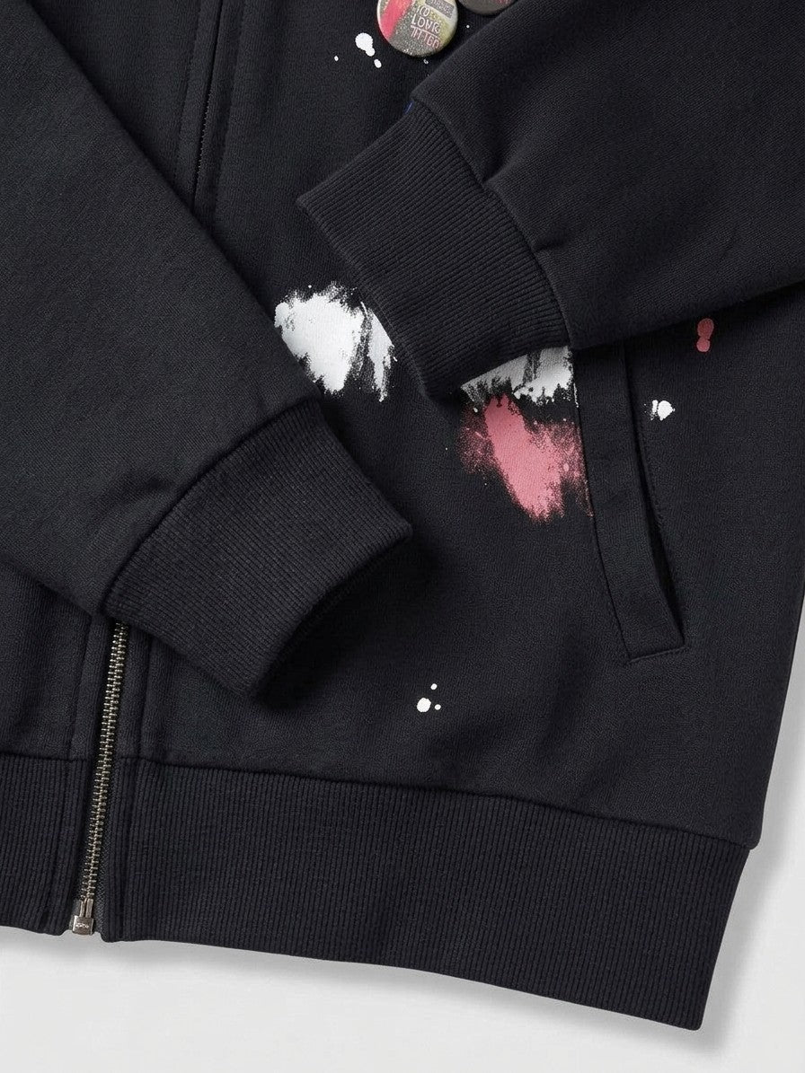Gemona Men's Paint Splatter Badge Zip-Up Hoodie — black — detail-collar