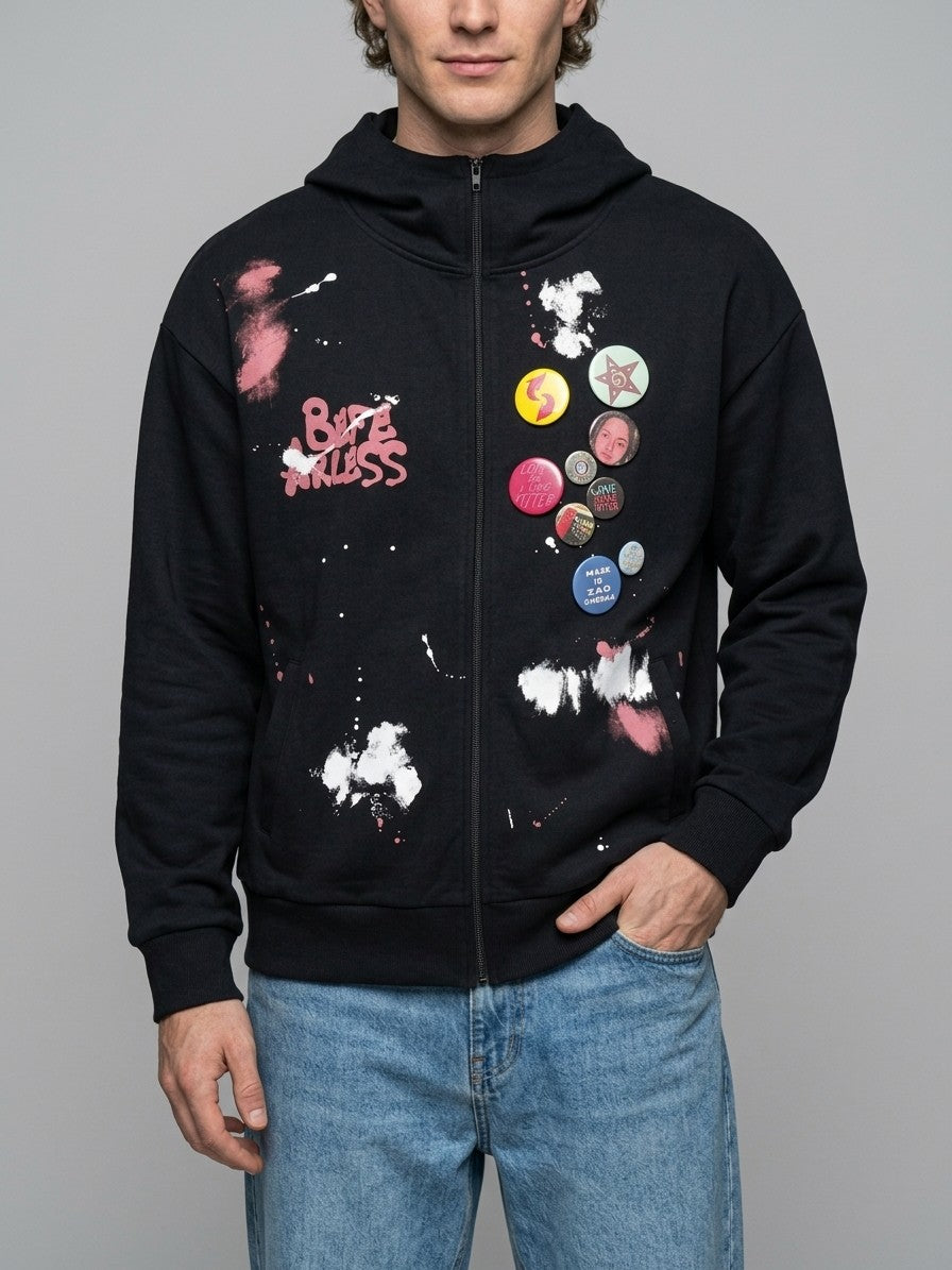 Gemona Men's Paint Splatter Badge Zip-Up Hoodie — black — front