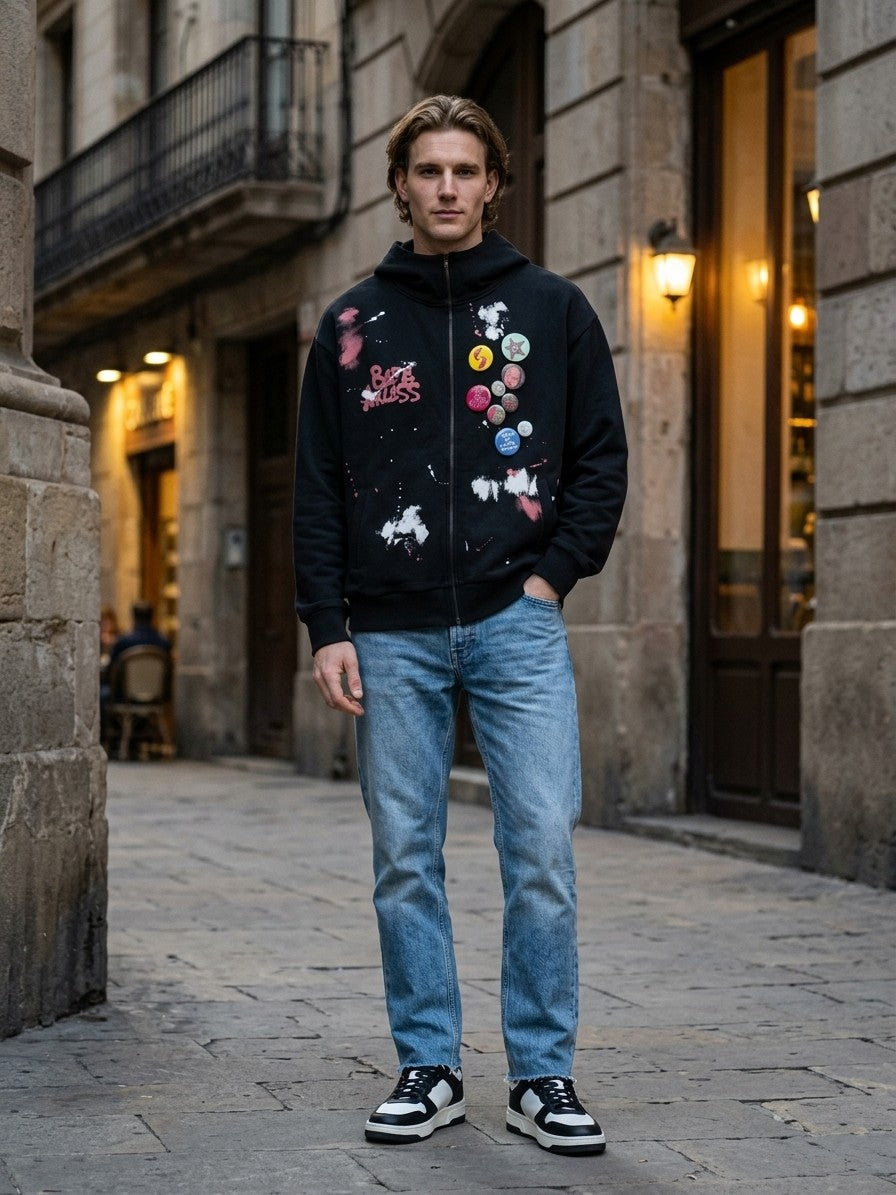 Gemona Men's Paint Splatter Badge Zip-Up Hoodie — black — lifestyle