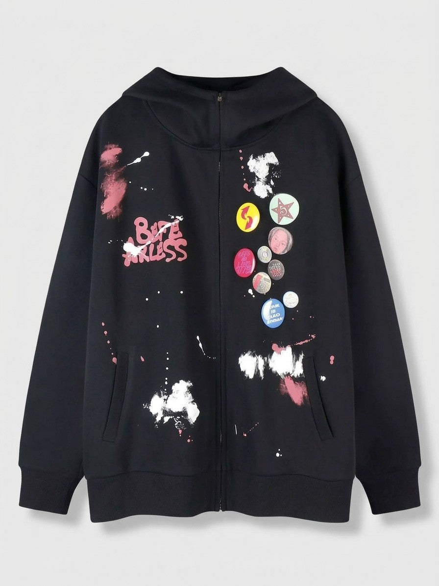 Gemona Men's Paint Splatter Badge Zip-Up Hoodie — black — packshot
