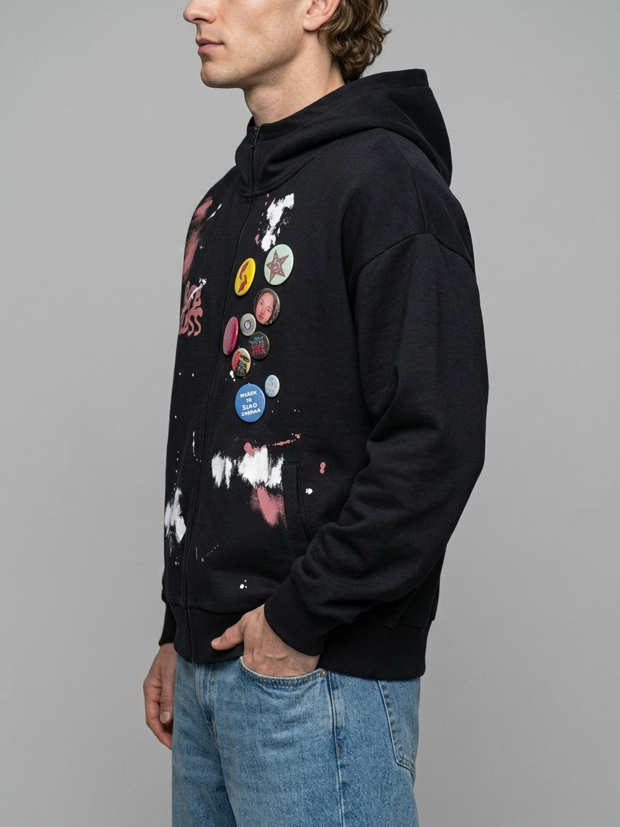 Gemona Men's Paint Splatter Badge Zip-Up Hoodie — black — side