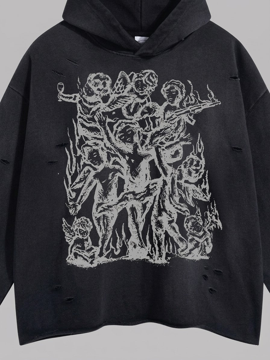 Gerace Men's Ripped Cherub Sketch Hoodie — destroyblack — detail