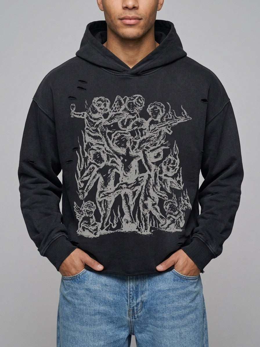 Gerace Men's Ripped Cherub Sketch Hoodie — destroyblack — front
