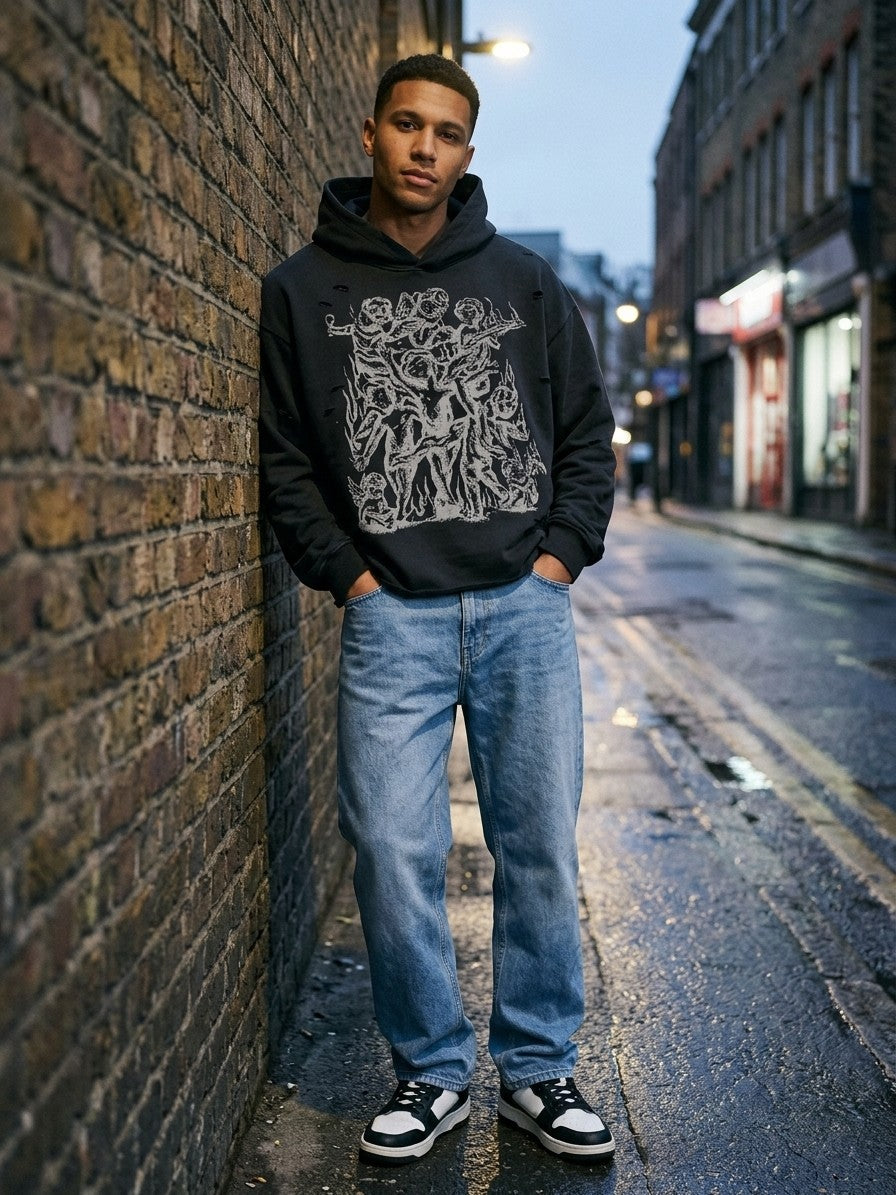 Gerace Men's Ripped Cherub Sketch Hoodie — destroyblack — lifestyle