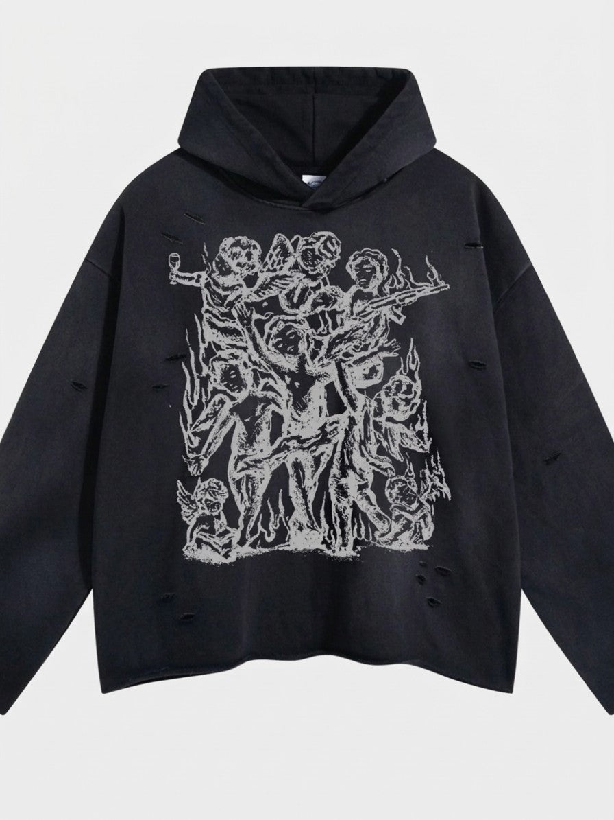 Gerace Men's Ripped Cherub Sketch Hoodie — destroyblack — packshot