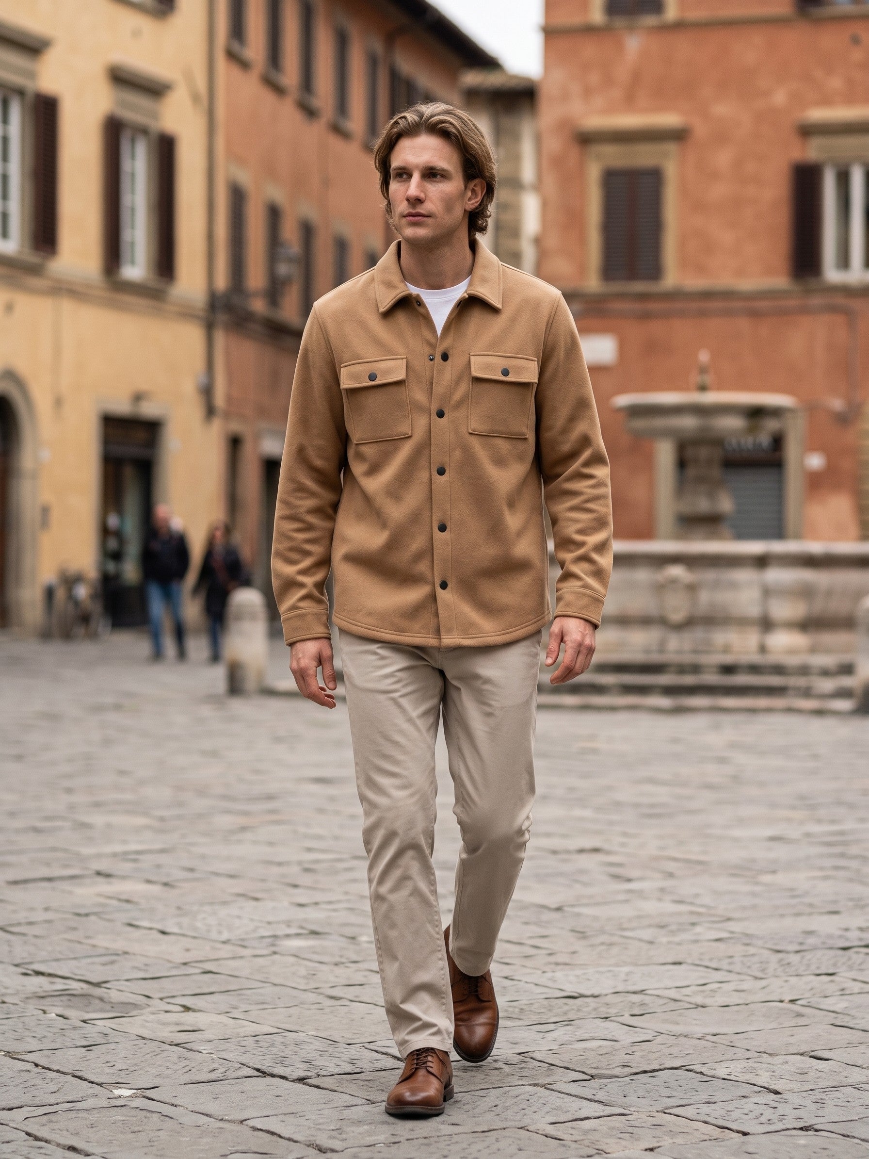 Ghiffa Men's Brushed Twin-Pocket Shirt Jacket — camel — lifestyle