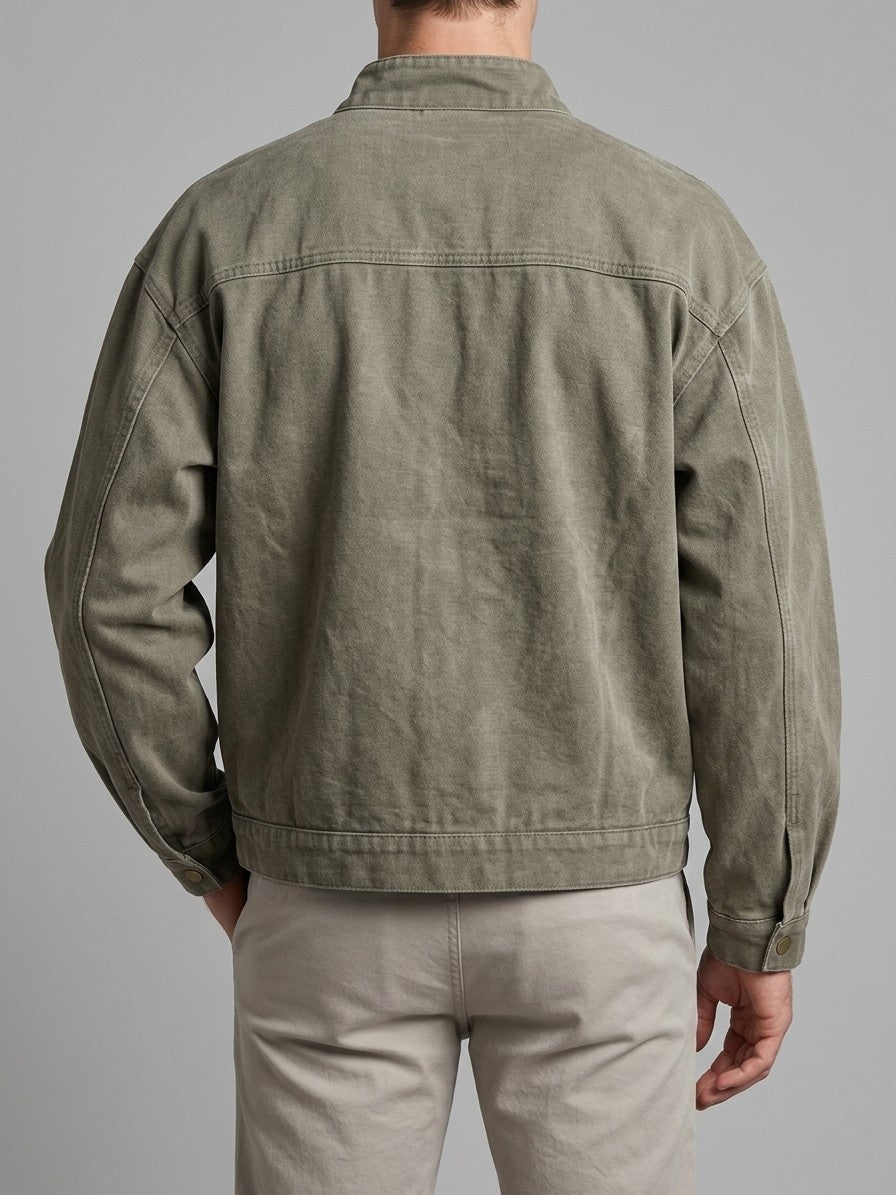 Gioiosa Men's Stand-Collar Canvas Work Jacket — olivegray — back