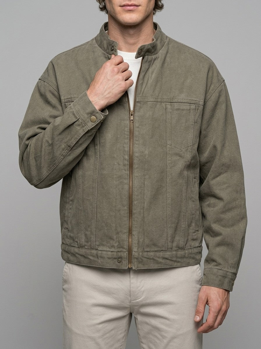 Gioiosa Men's Stand-Collar Canvas Work Jacket — olivegray — front