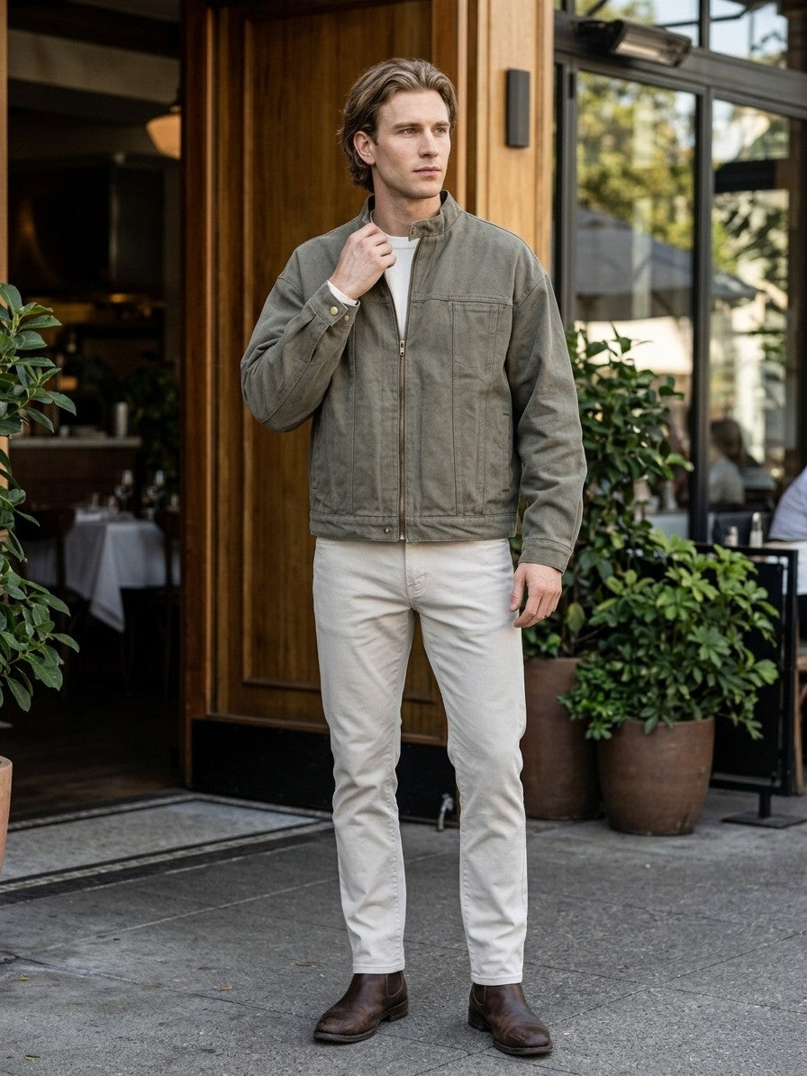 Gioiosa Men's Stand-Collar Canvas Work Jacket — olivegray — lifestyle