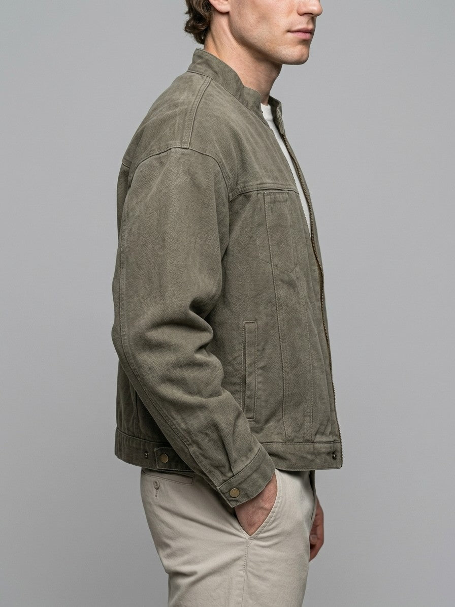 Gioiosa Men's Stand-Collar Canvas Work Jacket — olivegray — side