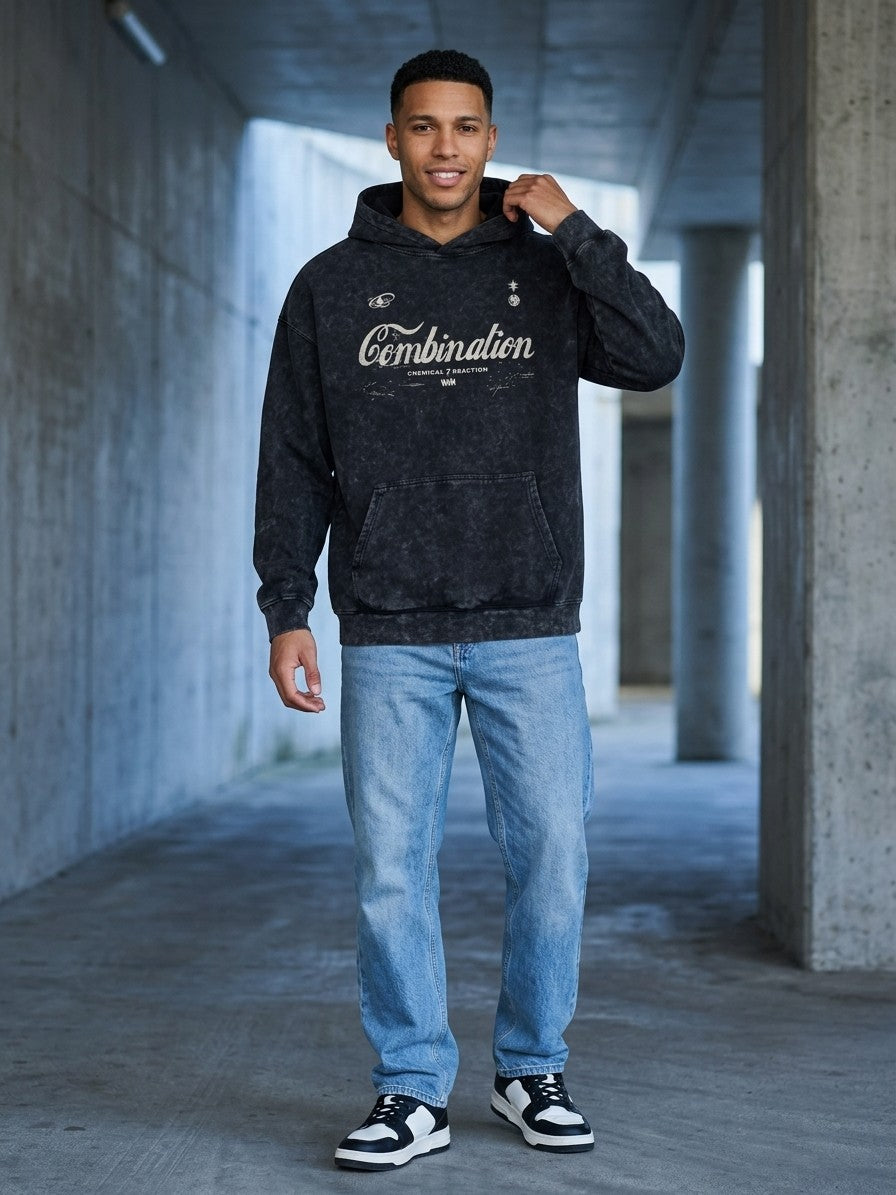 Giulianova Men's Mineral Wash Script Hoodie — black — lifestyle