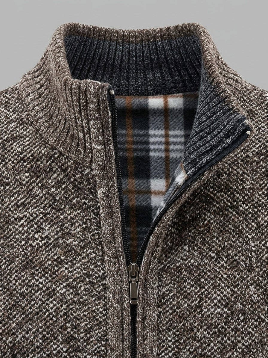 Gorizia Men's Zip-Up Stand-Collar Cardigan — taupe — detail-collar