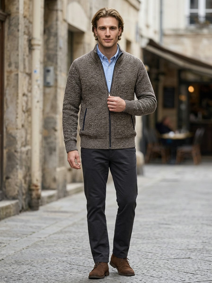 Gorizia Men's Zip-Up Stand-Collar Cardigan — taupe — lifestyle