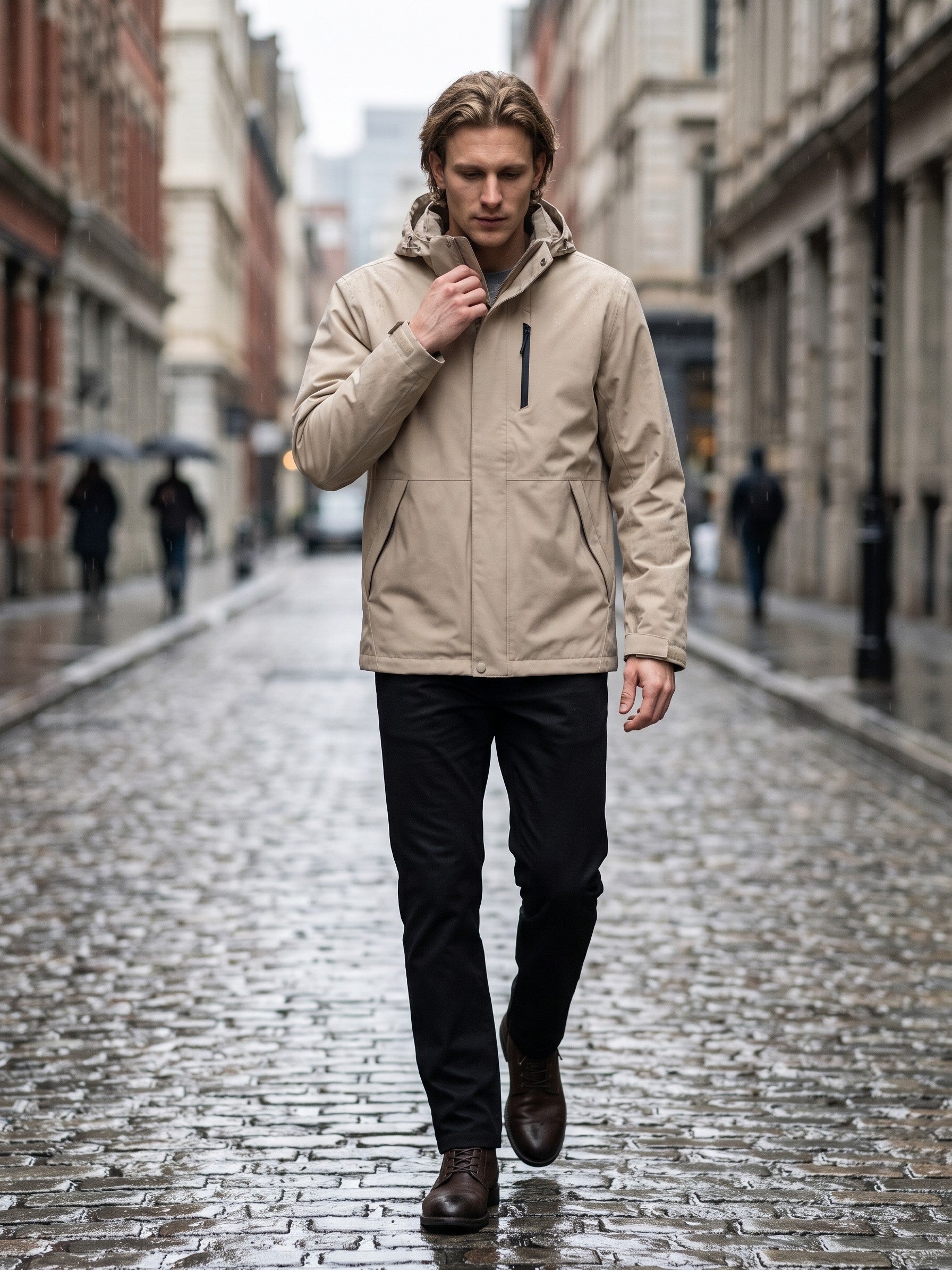 Gozzano Men's Hooded Storm-Flap Rain Jacket — beige — lifestyle