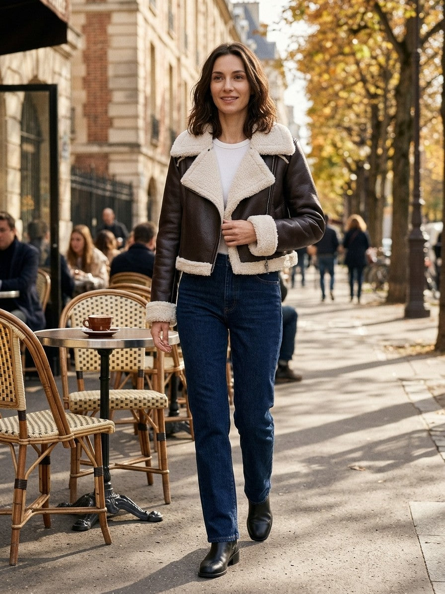 Gradara Women's Cropped Aviator Jacket — chocolate — lifestyle