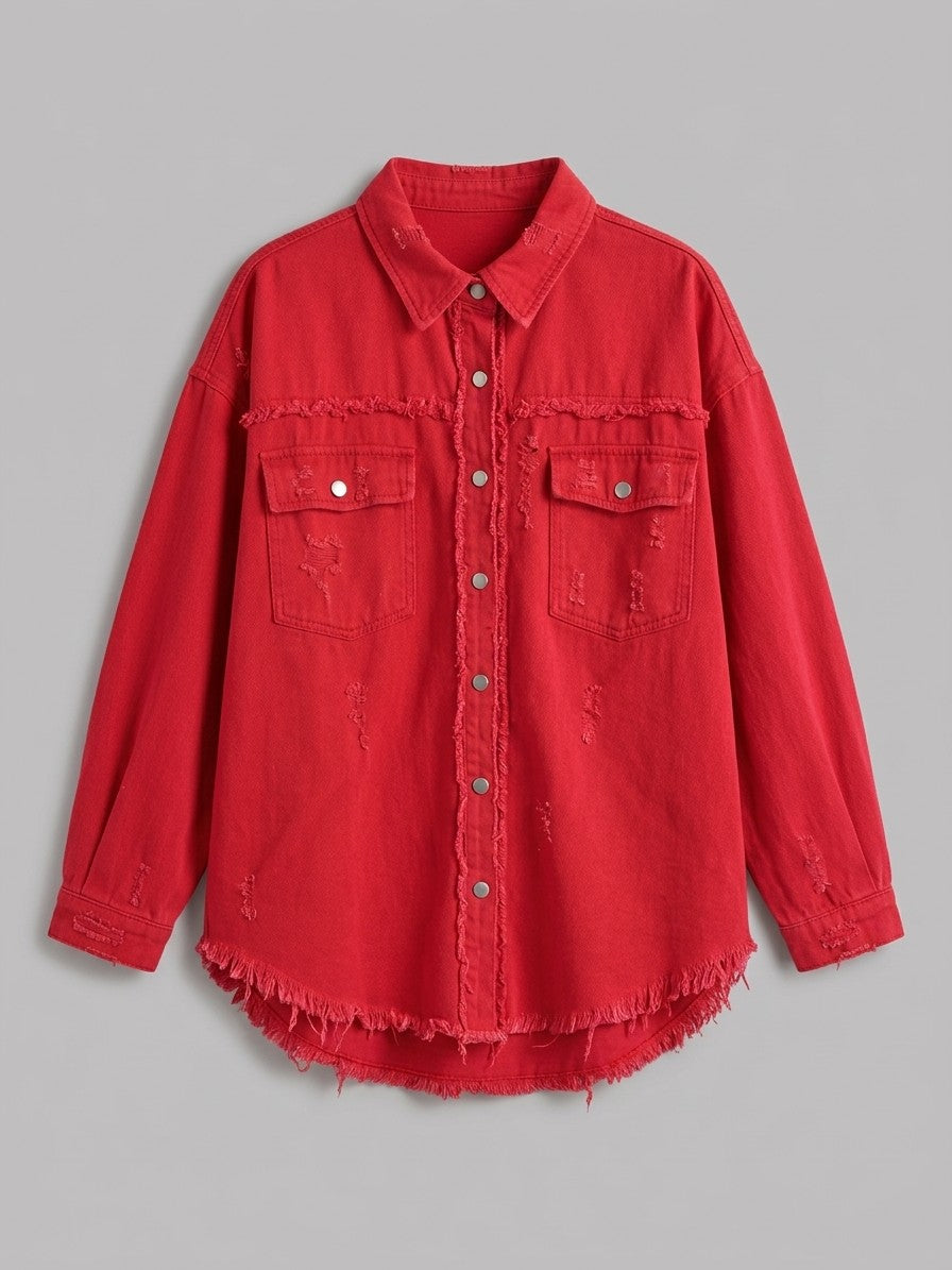 Grado Women's Distressed Denim Shirt Jacket — deepred — packshot