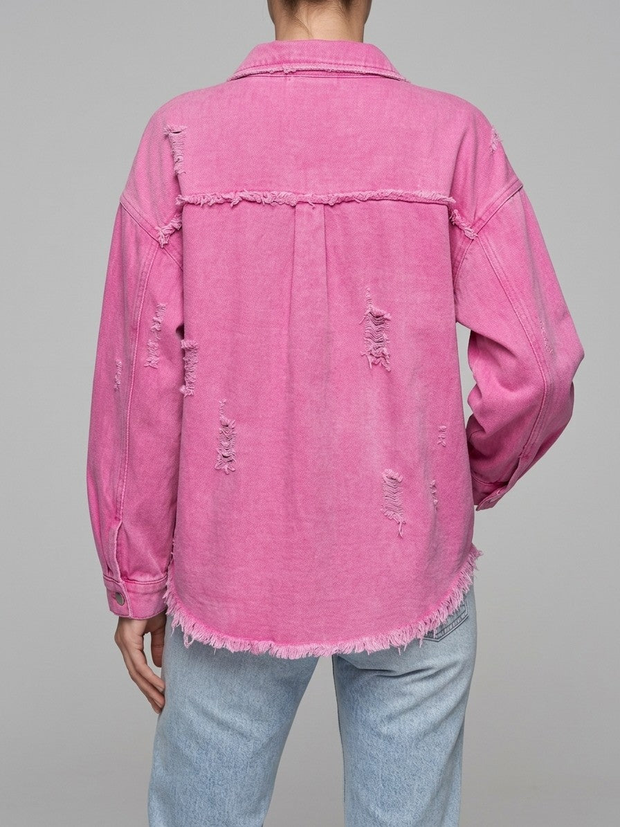 Grado Women's Distressed Denim Shirt Jacket — fuchsiapink — back