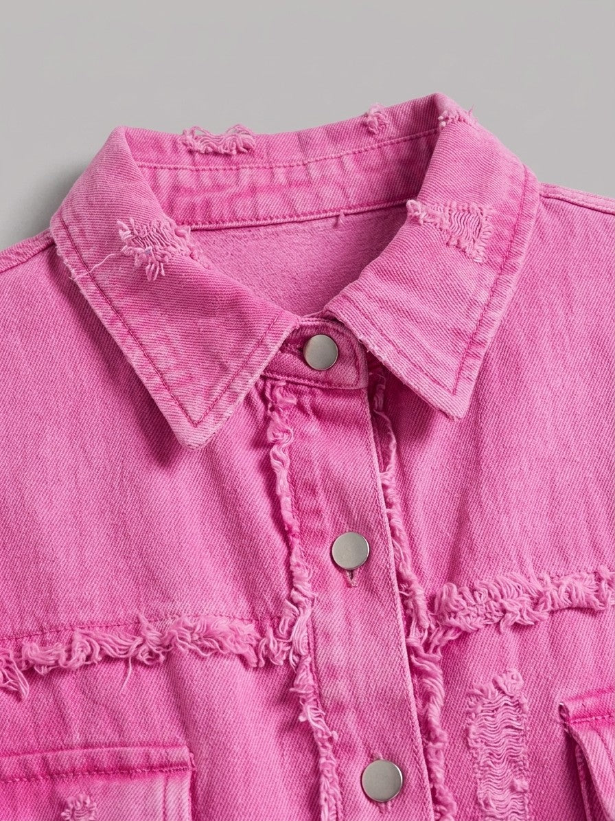 Grado Women's Distressed Denim Shirt Jacket — fuchsiapink — detail-2