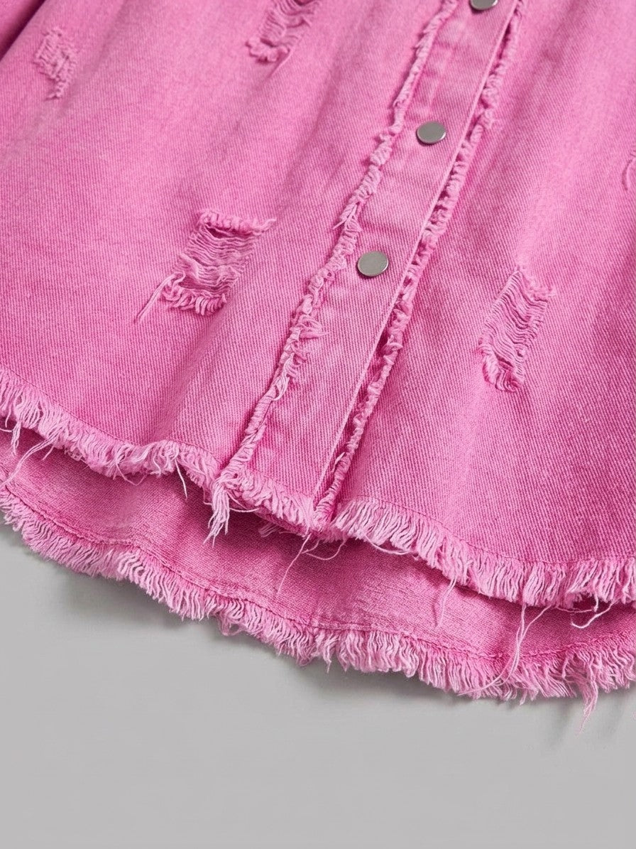 Grado Women's Distressed Denim Shirt Jacket — fuchsiapink — detail-collar
