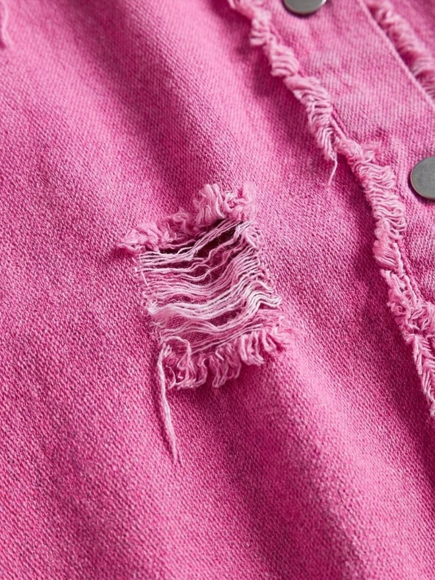 Grado Women's Distressed Denim Shirt Jacket — fuchsiapink — detail