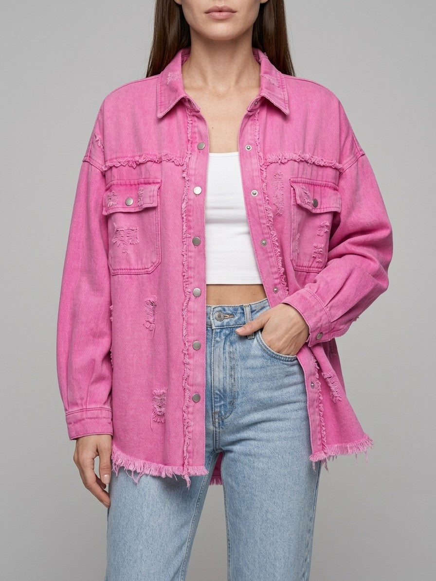 Grado Women's Distressed Denim Shirt Jacket — fuchsiapink — front