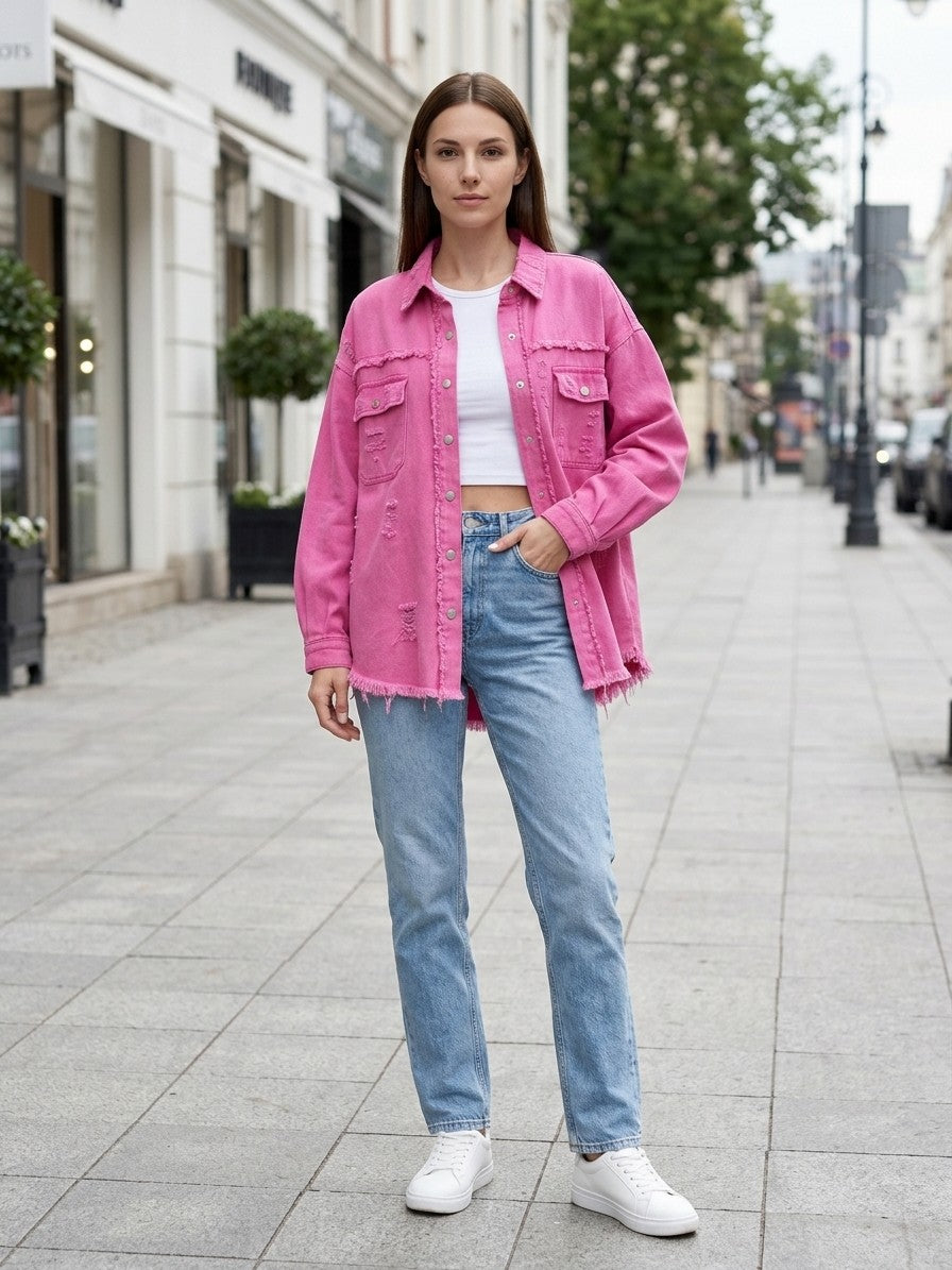 Grado Women's Distressed Denim Shirt Jacket — fuchsiapink — lifestyle