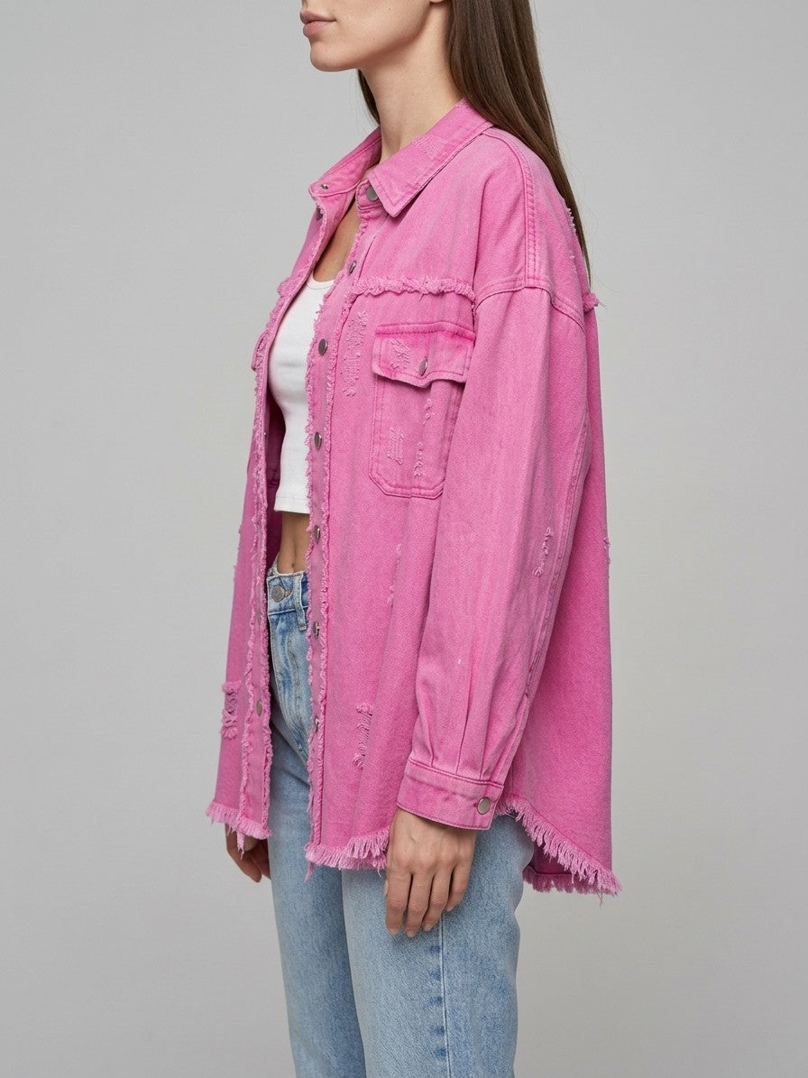 Grado Women's Distressed Denim Shirt Jacket — fuchsiapink — side