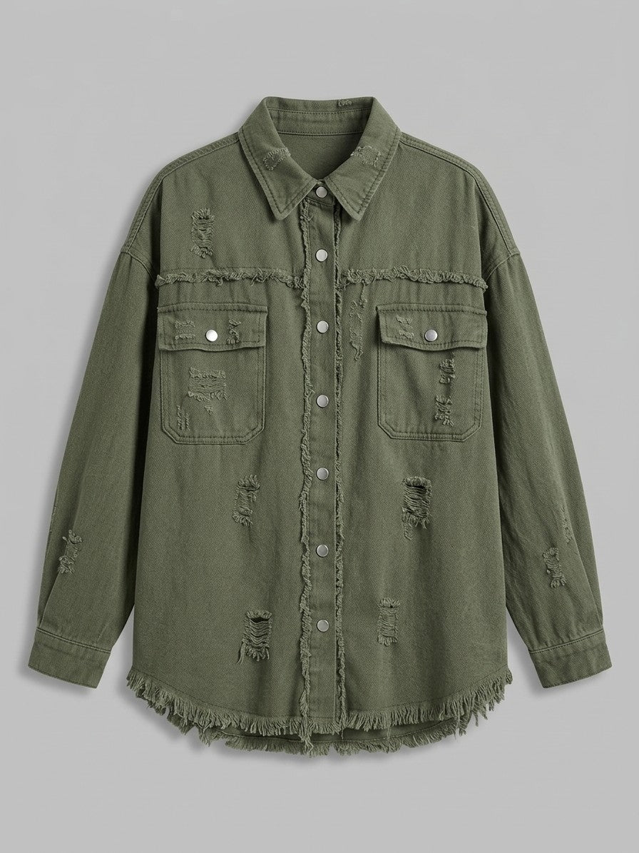 Grado Women's Distressed Denim Shirt Jacket — moss — packshot