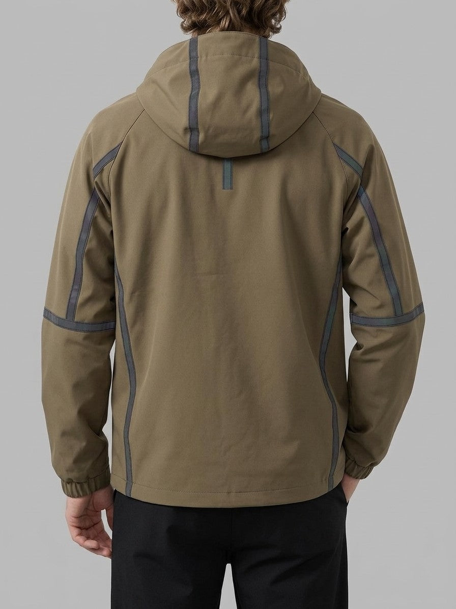 Gravedona Men's Reflective-Trim Hooded Shell Jacket — olivebrown — back