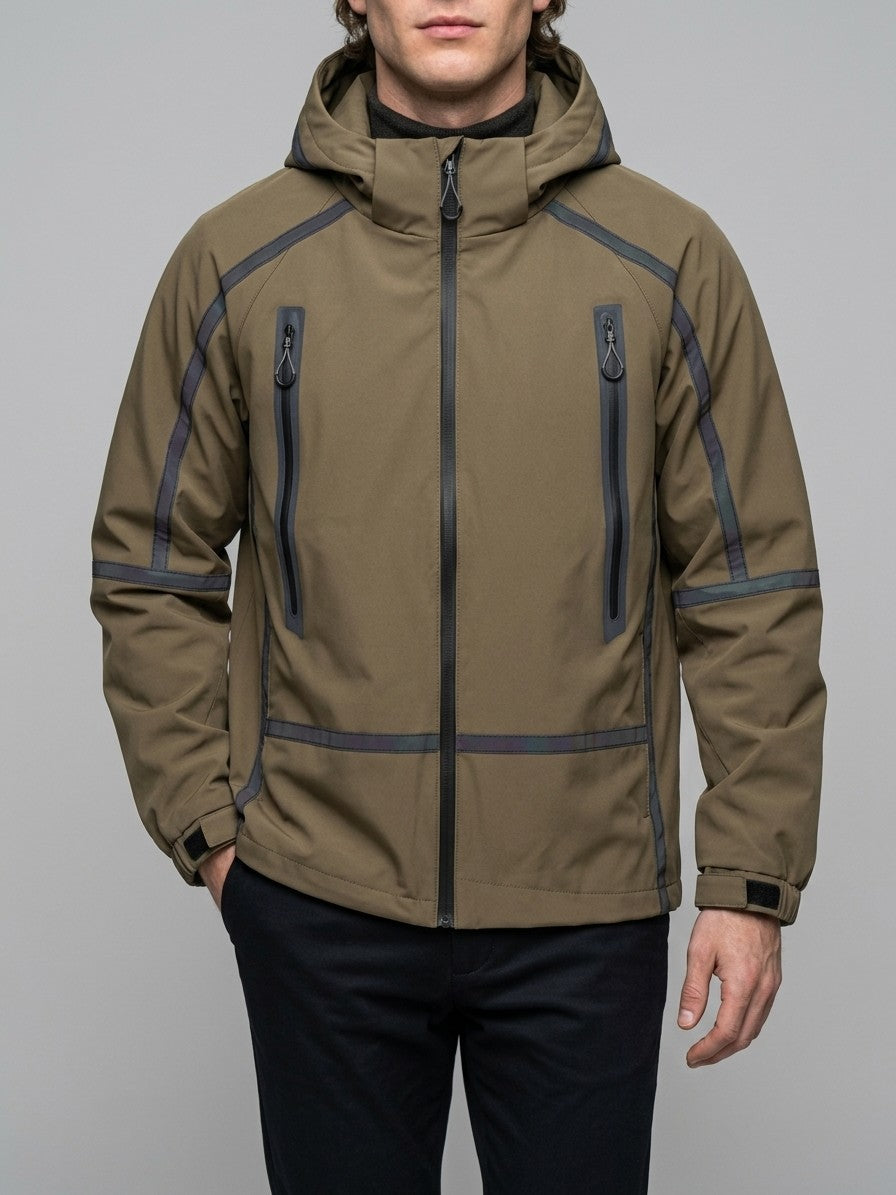 Gravedona Men's Reflective-Trim Hooded Shell Jacket — olivebrown — front