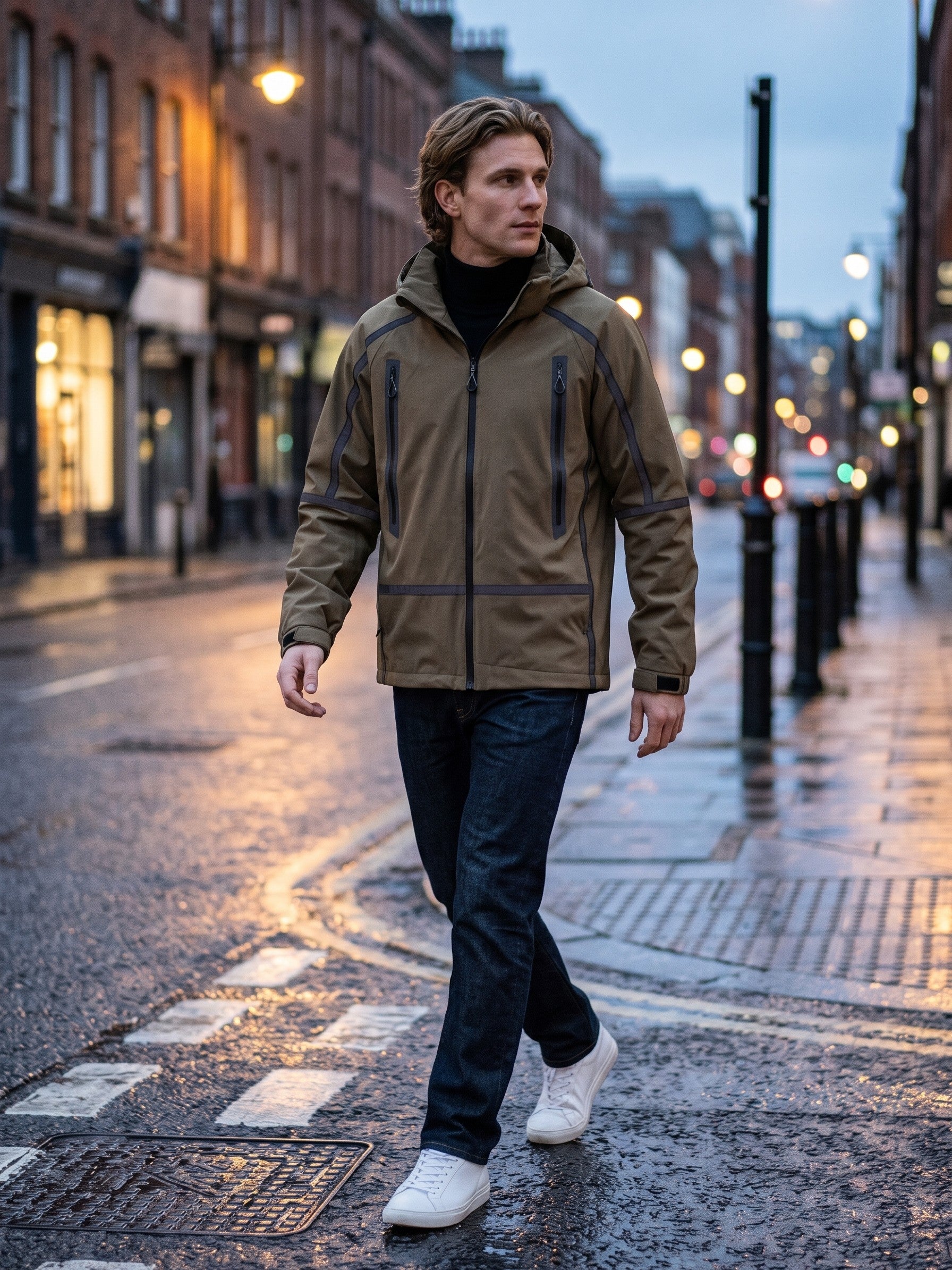 Gravedona Men's Reflective-Trim Hooded Shell Jacket — olivebrown — lifestyle