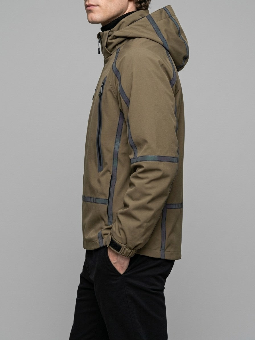 Gravedona Men's Reflective-Trim Hooded Shell Jacket — olivebrown — side