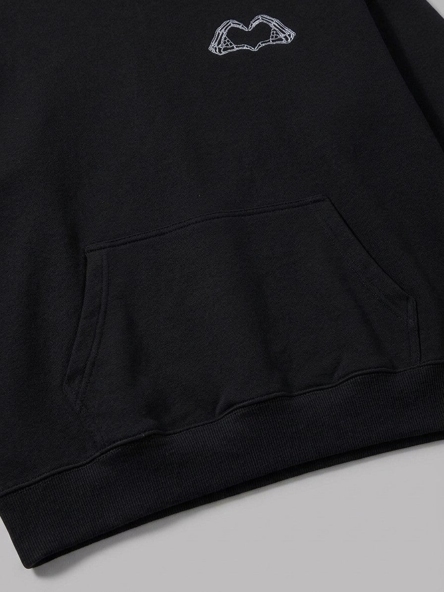 Gravina Men's Skeleton Hands Back Print Hoodie — black — detail-collar