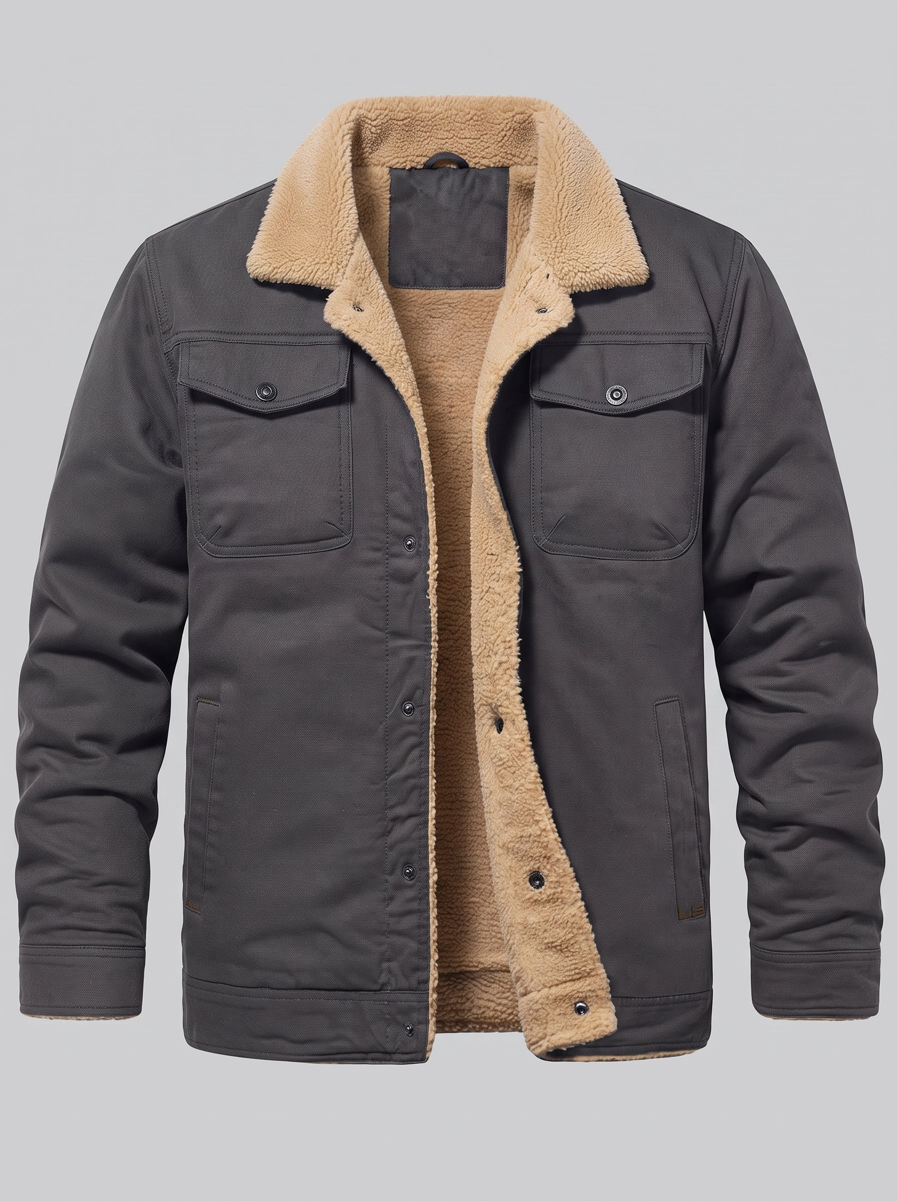 A dark gray utility jacket with a tan sherpa fleece lining, shown open against a solid gray background.