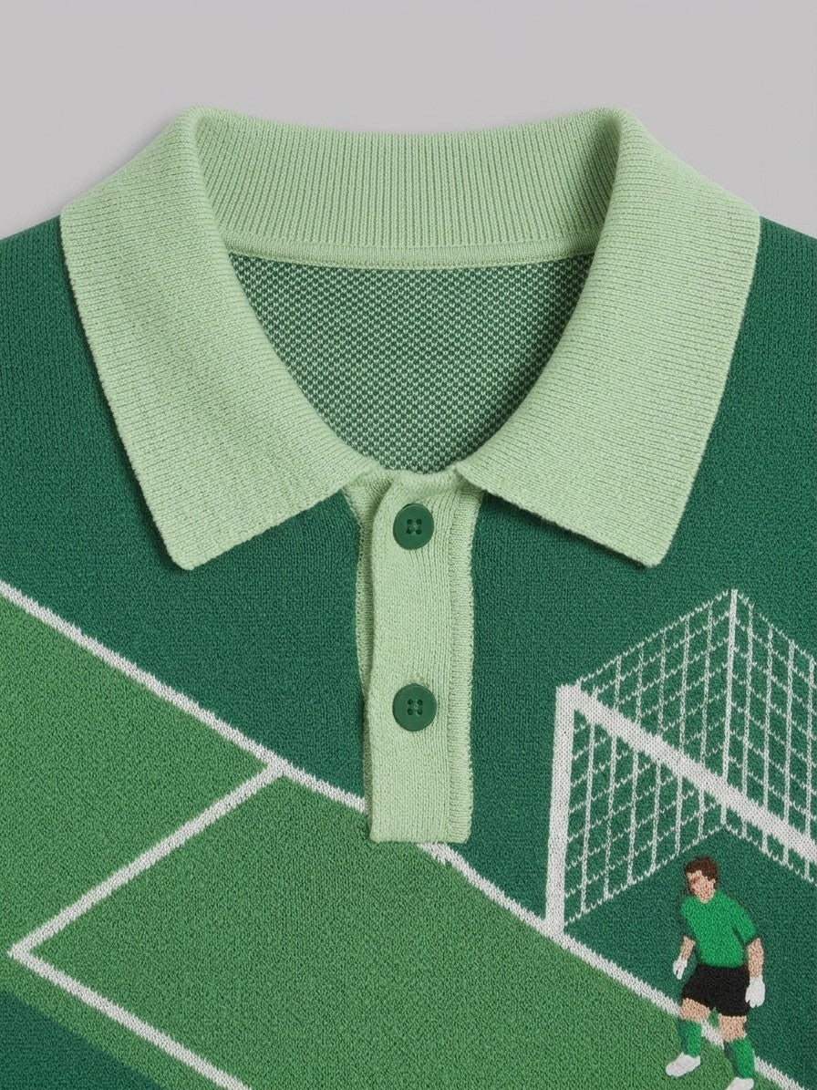 Grazzano Men's Football Pitch Knit Polo — green — detail-collar